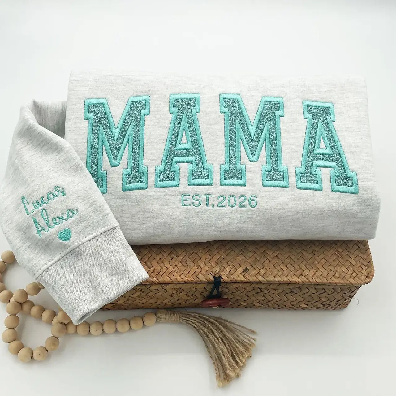 Custom Glitter "MAMA" Embroidered Sweatshirt | Personalized Mom Est. Sweatshirt with Kids Names on Sleeve