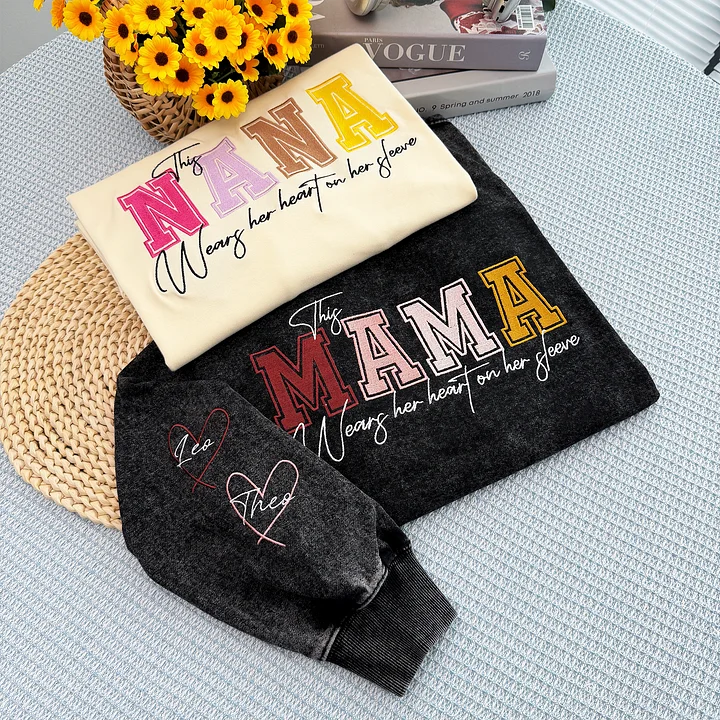 Custom Embroidered Heart on Sleeve Personalized Mommy/Grandma Washed Sweatshirt | Mother's Day Gift for Mom & Grandma