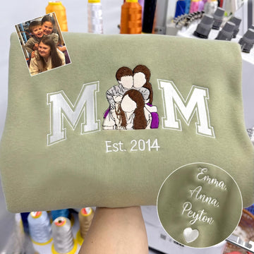 Custom Embroidered Mama Portrait Sweatshirt with Kid Name on Sleeve | Mother's Day Gifts