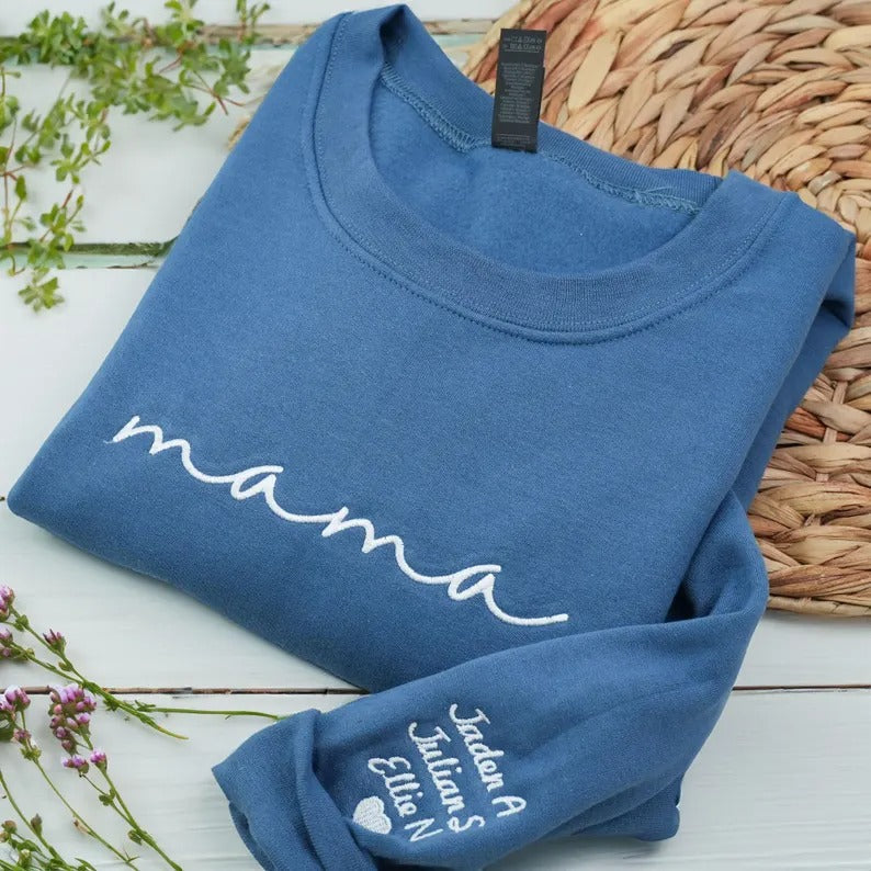 Custom mama Embroidered Sweatshirt with Kids Names on Sleeves Mother's Day Gift
