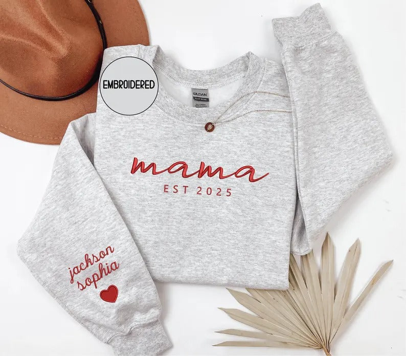 Custom mama Embroidered Sweatshirt with Kids Names on Sleeves Mother's Day Gift