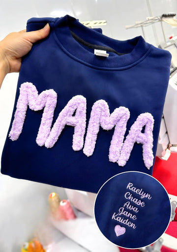 Custom Chenille Yarn Embroidered Mama Sweatshirt – Kids Names on Sleeve | Mother’s Day Gift for Mom
