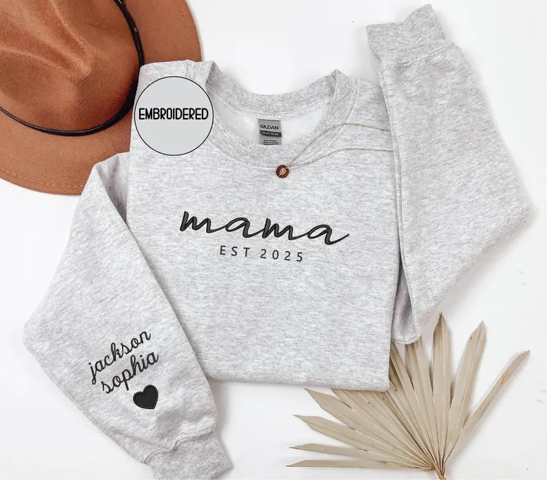Custom mama Embroidered Sweatshirt with Kids Names on Sleeves Mother's Day Gift