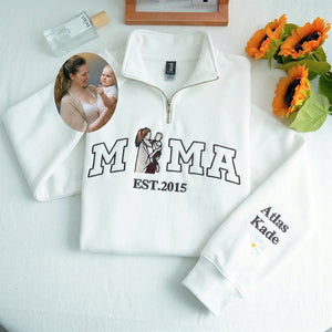 Custom Embroidered Quarter Zip Sweatshirt with Mama and Kids Portrait | Mother's Day Gift