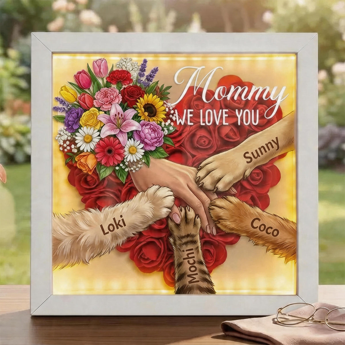 "Mixed Bouquet"-Personalized Pet Paw & Human Hand Holding Shadow Box-Mother's Day Remembrance Frame, In Loving Memory Gift