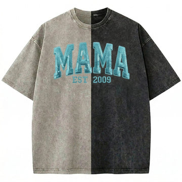 Custom Washed Patchwork MOM Sequin Embroidered T-shirt Mothers Day Gift for Mama