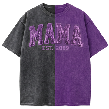 Custom Washed Patchwork MOM Sequin Embroidered T-shirt Mothers Day Gift for Mama