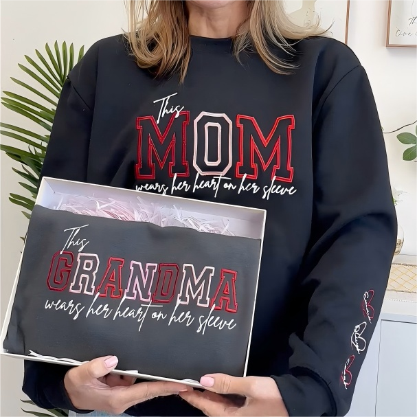 Wears Your Heart on Your Sleeve - Embroidered Mama Sweatshirt with Kids’ Names | Mother's Day Gift for Mom & Grandma