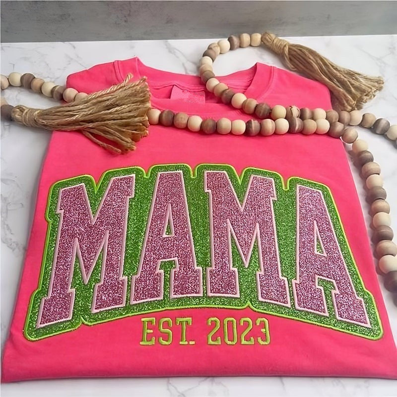 Custom Personalized Two Color Glitter Embroidered Mom T-Shirt | With Kids Names On Sleeve | Gift for Mom & Grandma